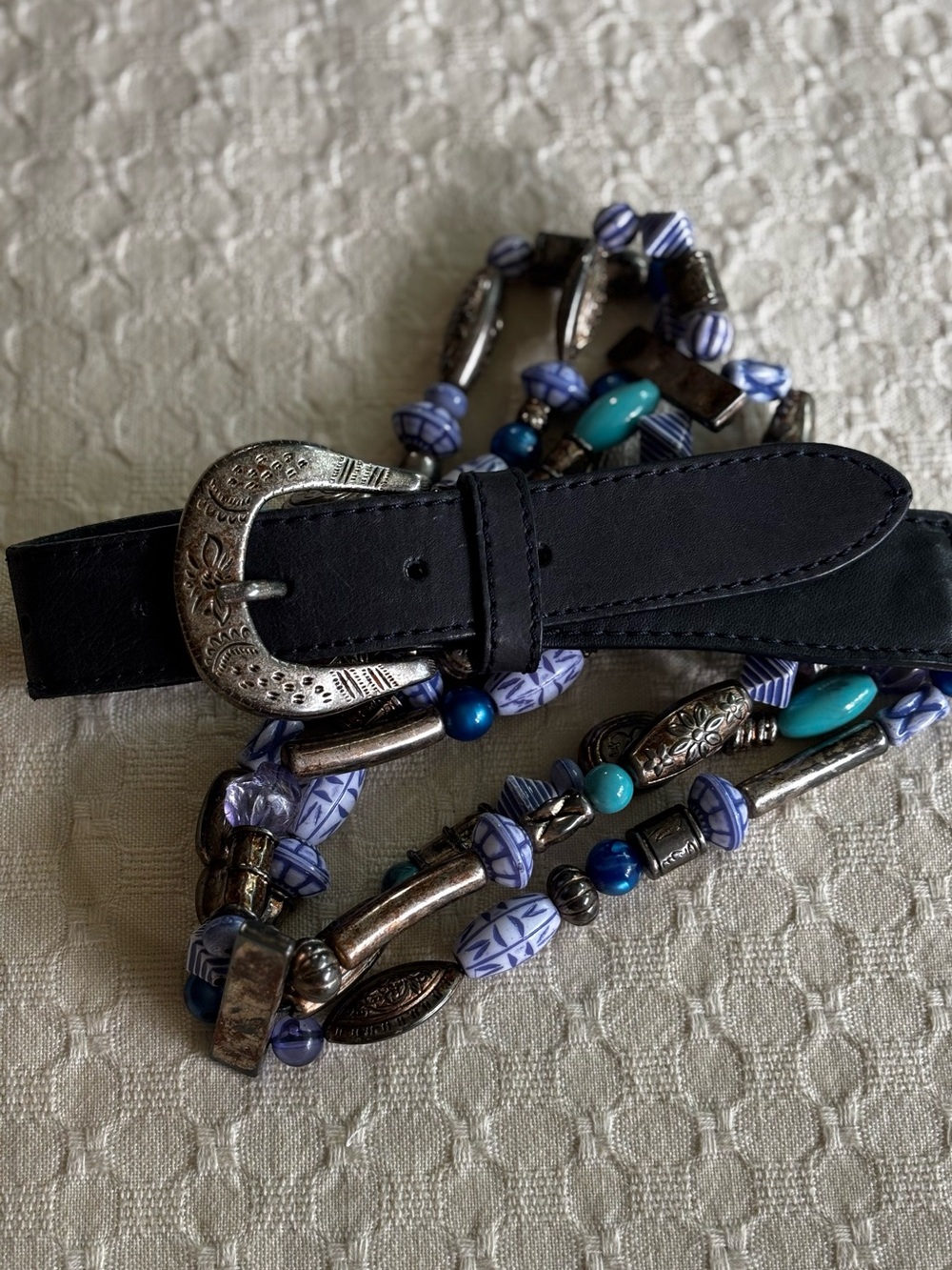 The Limited Blue Leather Beaded Belt with Turquoise Accents